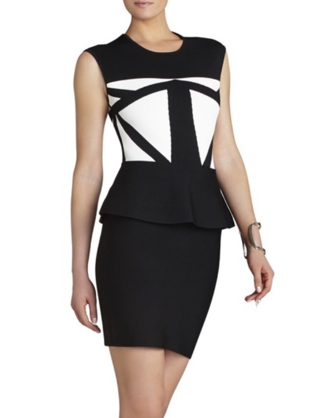 BCBGMaxAzria Black and White Geometric Peplum Dress